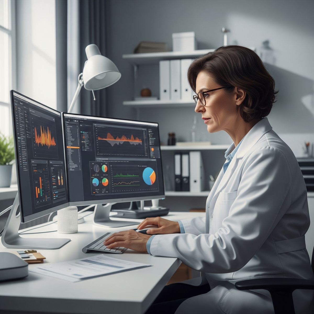 Chercheur analysant des donnees pour evaluation des risques psychosociaux