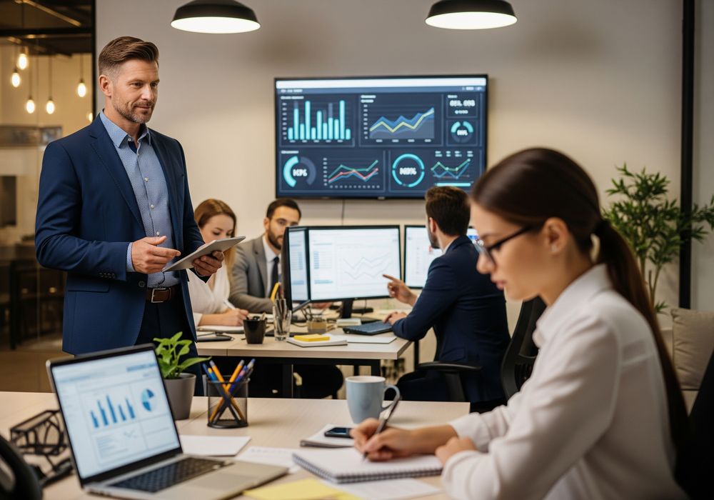 Consultant observant une equipe en situation de travail dans un environnement professionnel