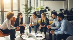 Des professionnels discutent ensemble dans un bureau lumineux et moderne