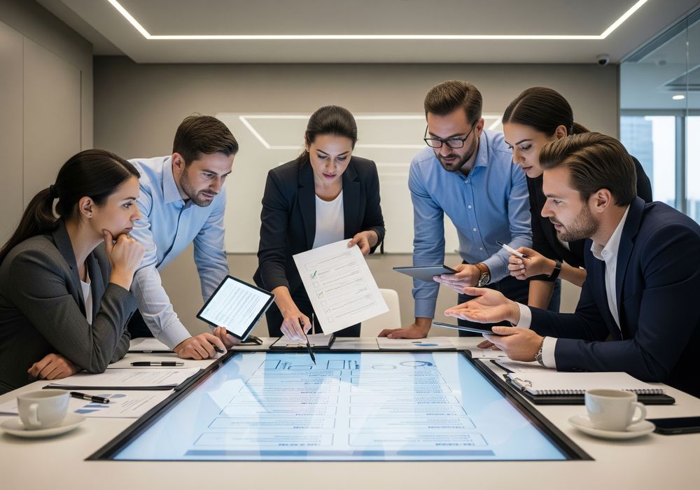 Equipe analysant une grille de controle QVCT autour de documents et ecrans partages