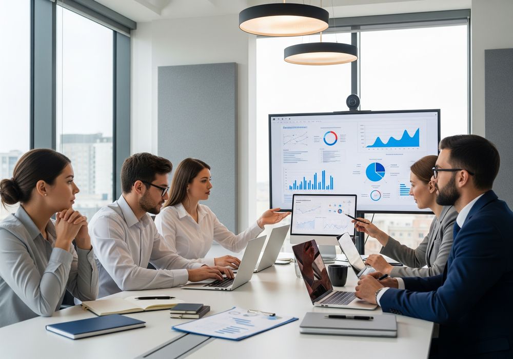 Equipe de consultants pluridisciplinaires en reunion de travail avec une entreprise