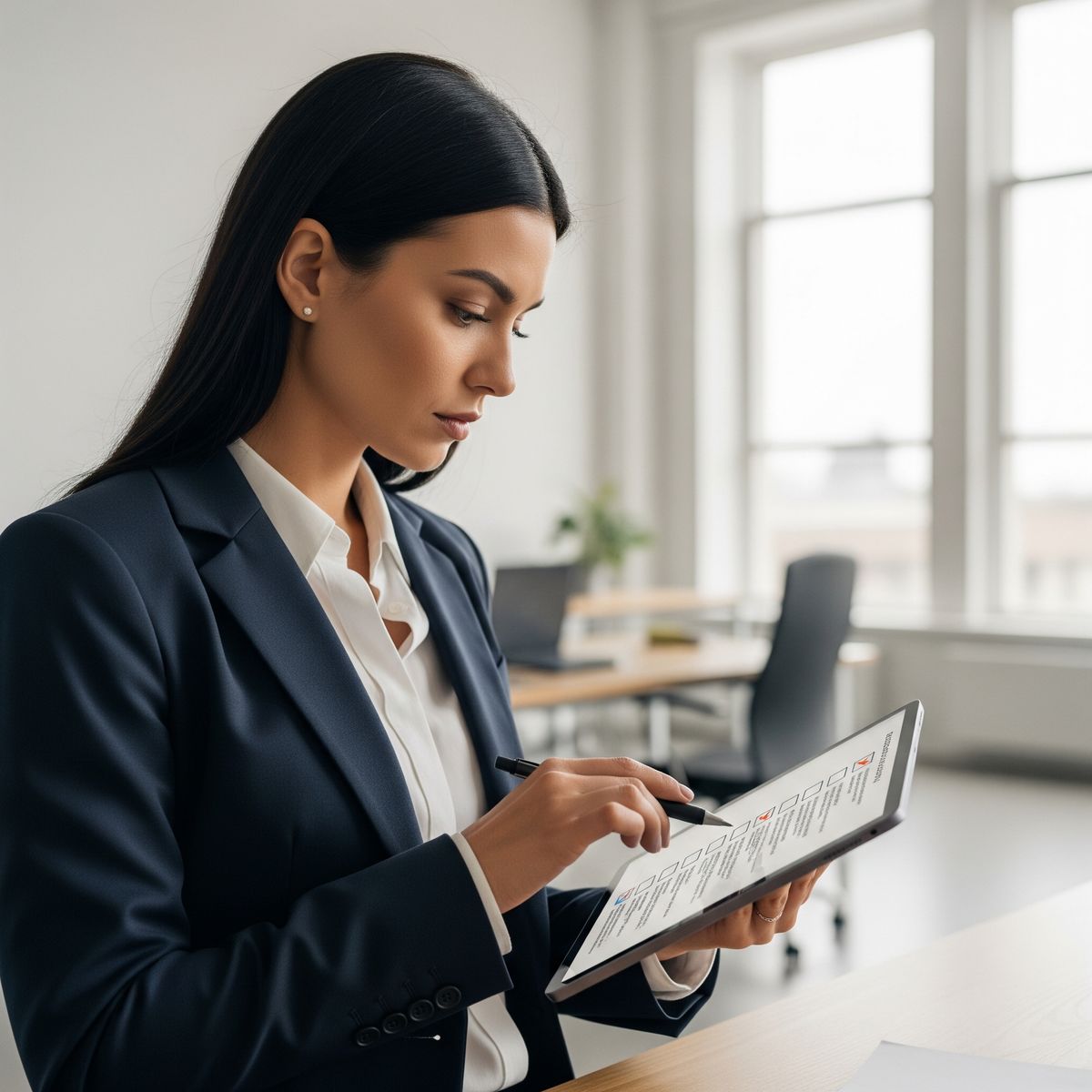 Professionnelle consultant une check list sur tablette dans un bureau moderne
