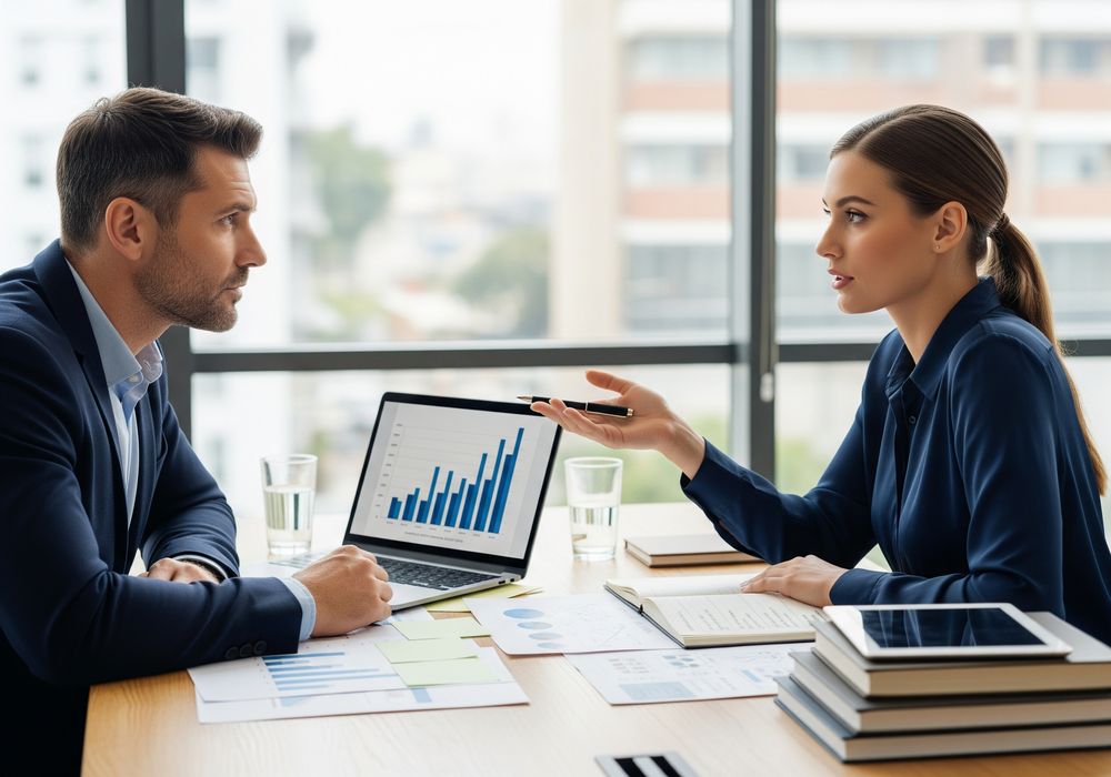 Responsable entreprise en entretien avec un consultant QVCT dans un bureau professionnel