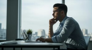 Salarié pensif seul au bureau illustrant la santé mentale au travail
