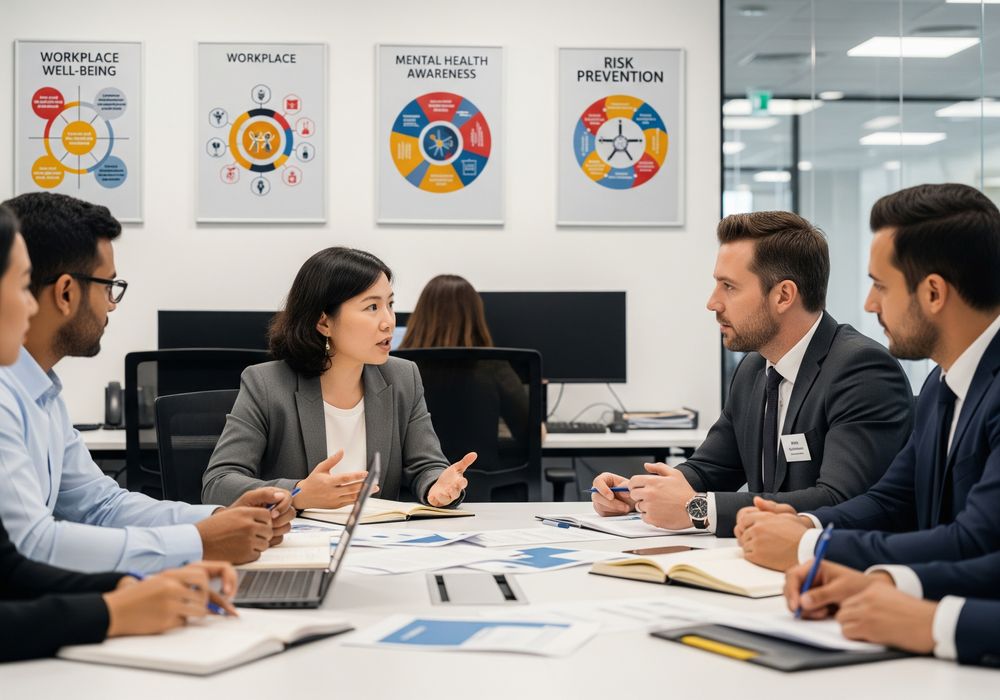 Scene de bureau avec consultant et equipe discutant de bien etre au travail